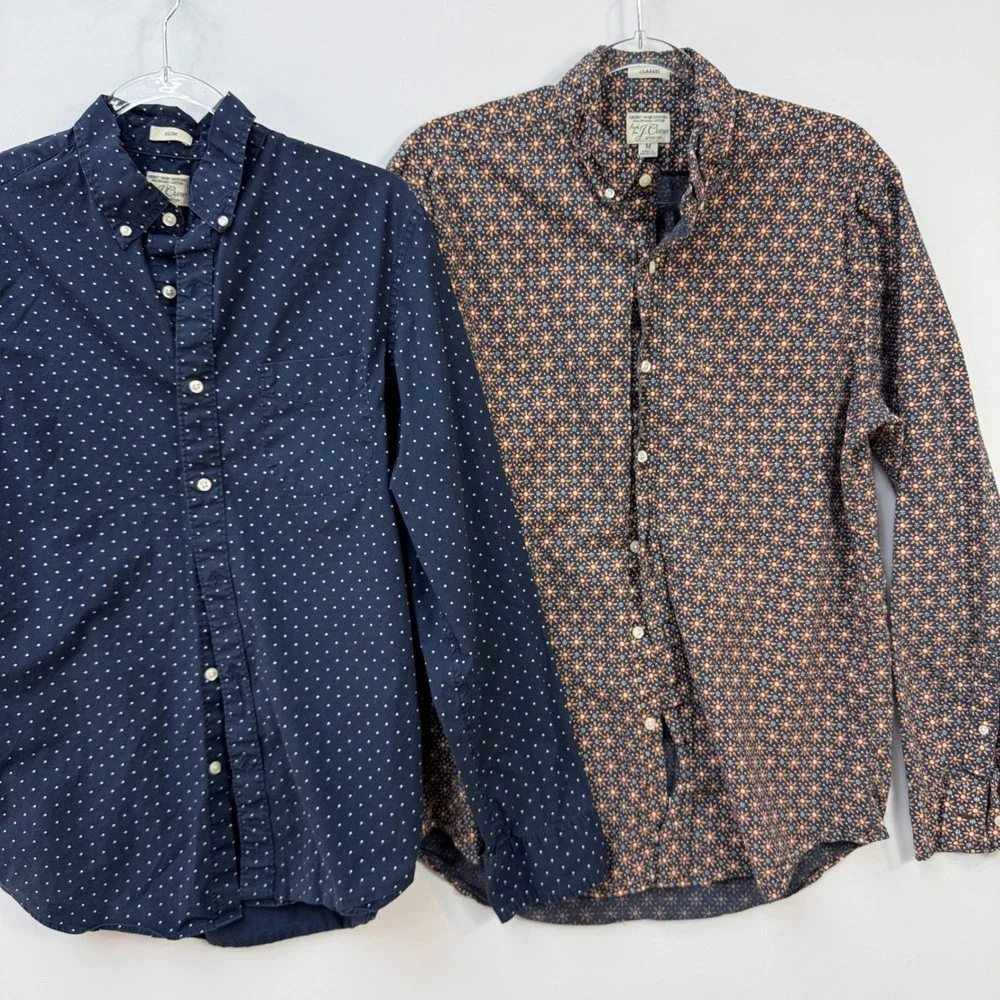 J. Crew Button Down Shirts Men Medium Navy‎ Blue Polka Dot & Floral Lot of 2